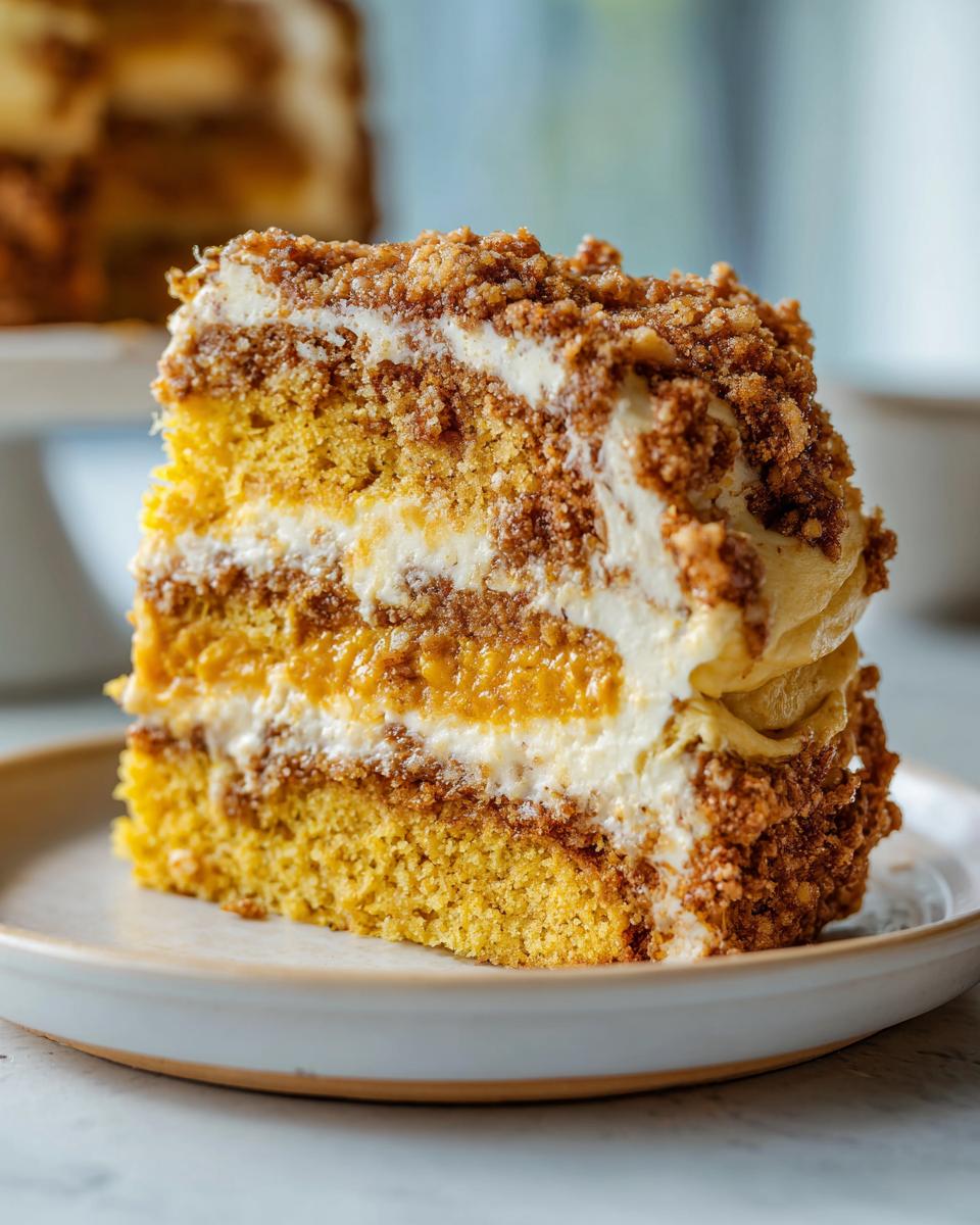 Close-up of a layered slice of pumpkin crunch cake with yellow cake, cream, and crunchy topping.