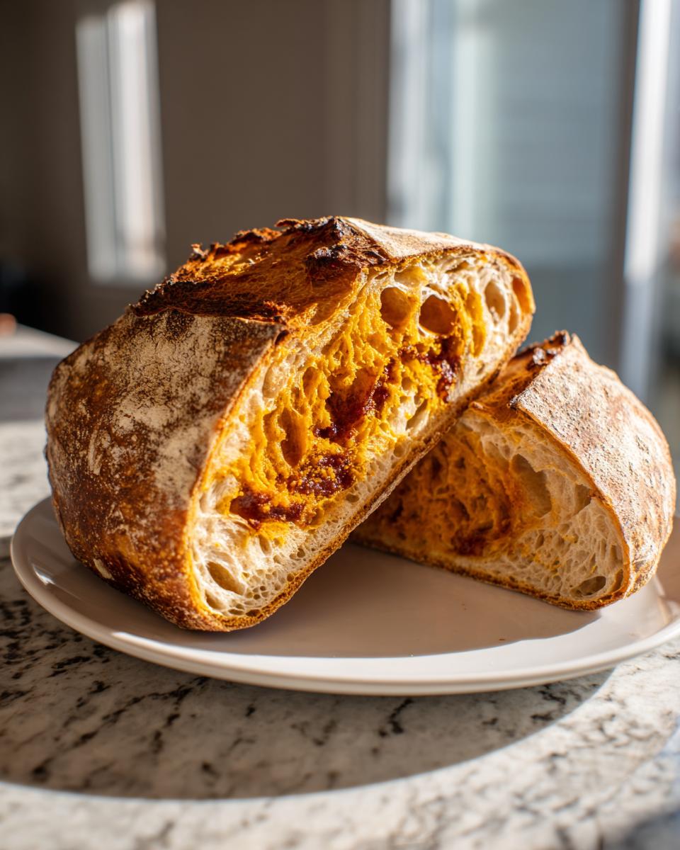 Cross-section view showing the moist, open crumb structure of a baked pumpkin sourdough loaf.