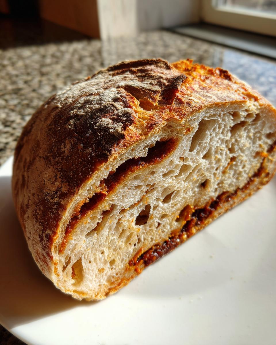 Cross-section of a pumpkin sourdough loaf showing the moist crumb and a swirl of filling.
