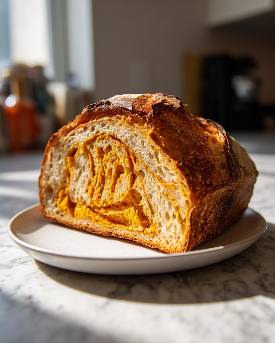 Cross-section of a baked pumpkin sourdough loaf showing a rich, swirled orange filling and a golden crust.