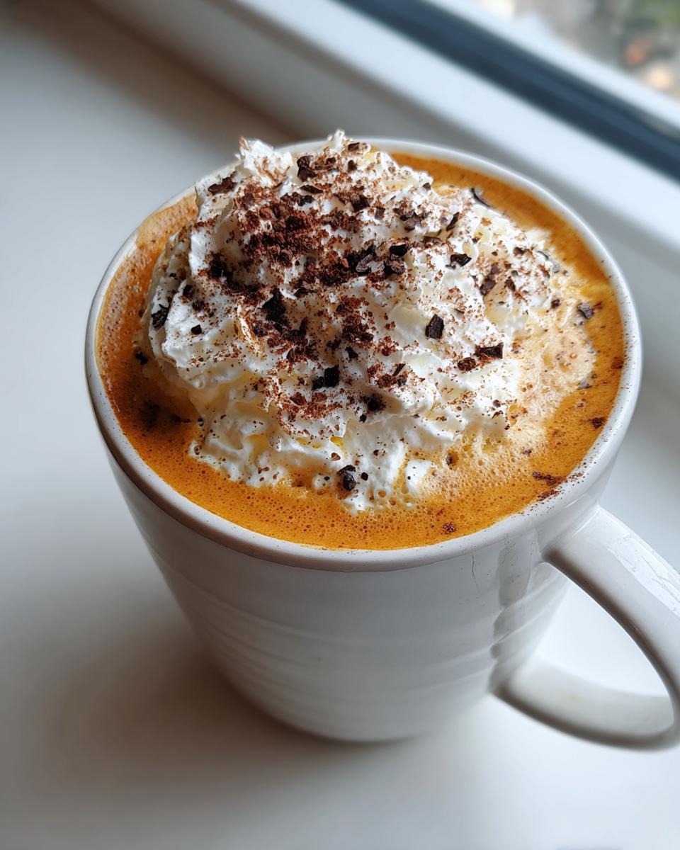 Close-up of a rich pumpkin spice latte topped with a generous swirl of whipped cream and chocolate shavings.