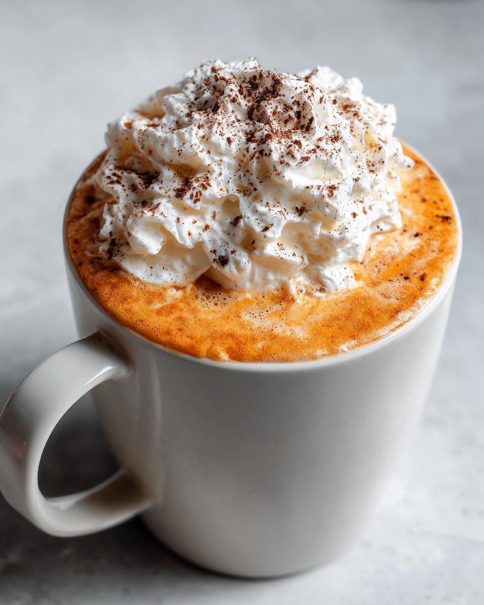Close-up of a rich pumpkin spice latte topped high with whipped cream and a dusting of spice.
