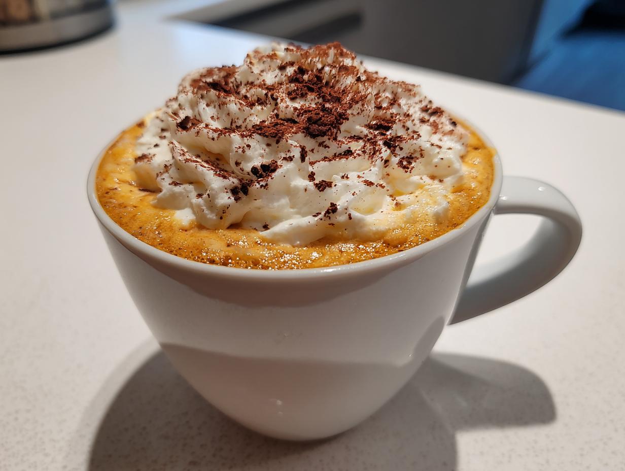 Close-up of a creamy pumpkin spice latte topped with a mountain of whipped cream and dusted with cocoa powder.