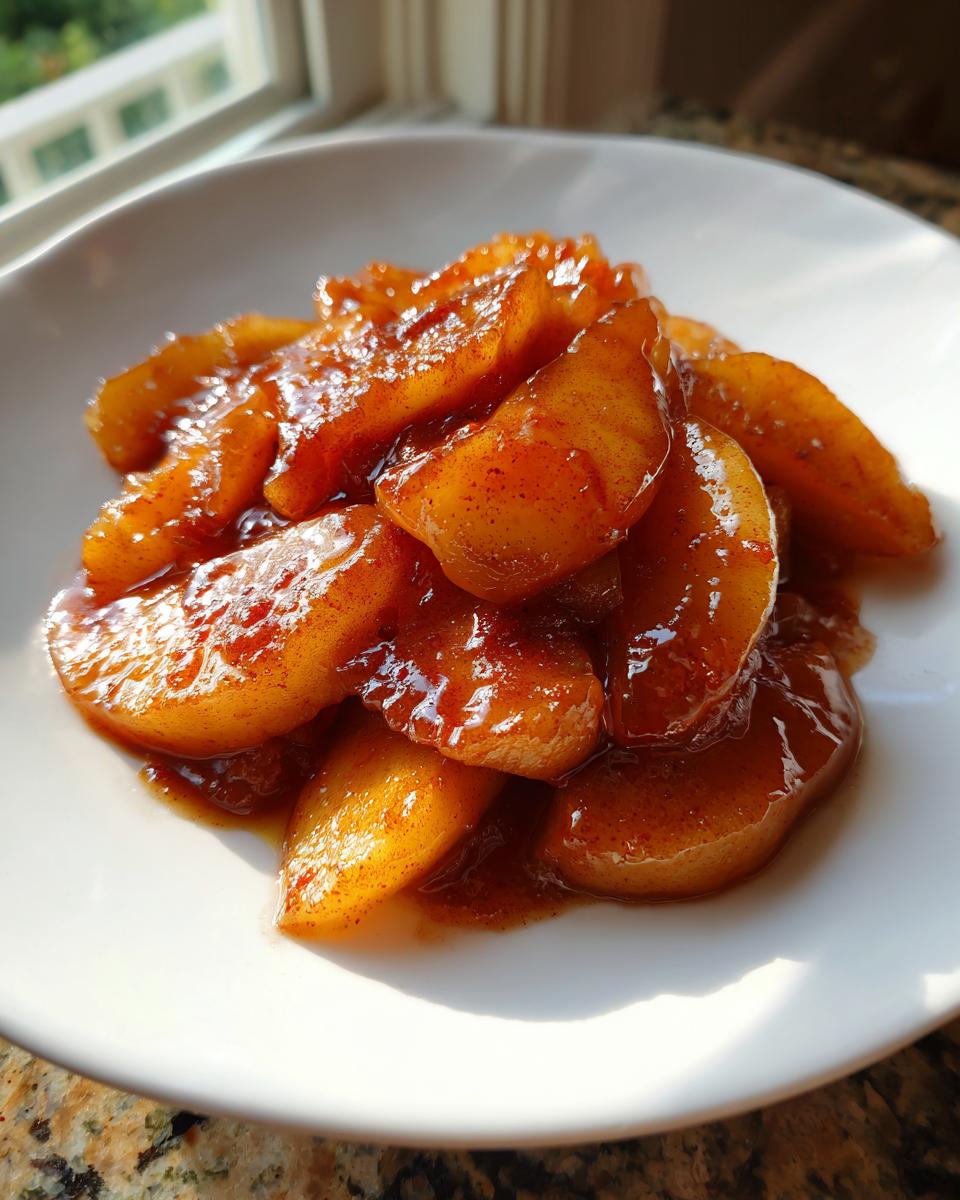 Close-up of glistening, caramelized apple pie filling slices coated in cinnamon syrup served on a white plate.