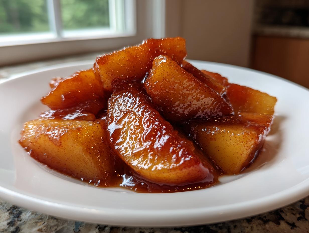 Close-up of thick, glossy apple pie filling slices coated in cinnamon syrup on a white plate.