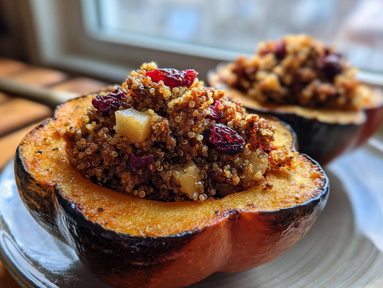 A close-up of a roasted acorn squash half filled with a savory quinoa stuffing, featuring dried cranberries and diced apples. This is the stuffed acorn squash recipe.