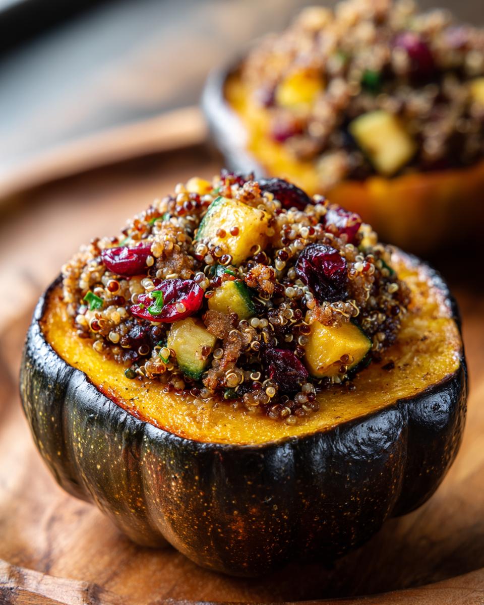 Close-up of a roasted acorn squash half filled with a savory quinoa stuffing, featuring cranberries and zucchini in this stuffed acorn squash recipe.