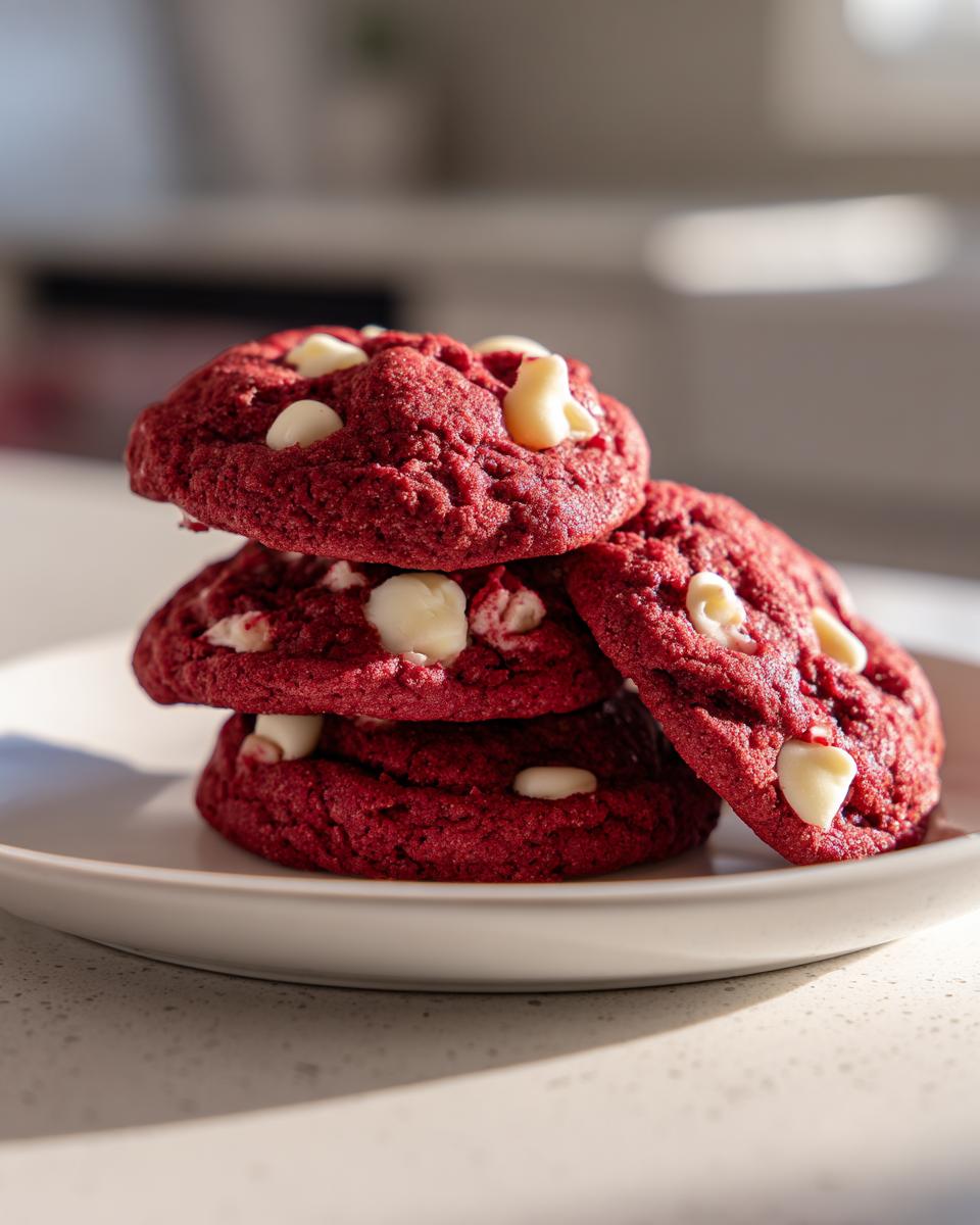 A stack of three vibrant red velvet cake mix cookies studded with white chocolate chips on a white plate.