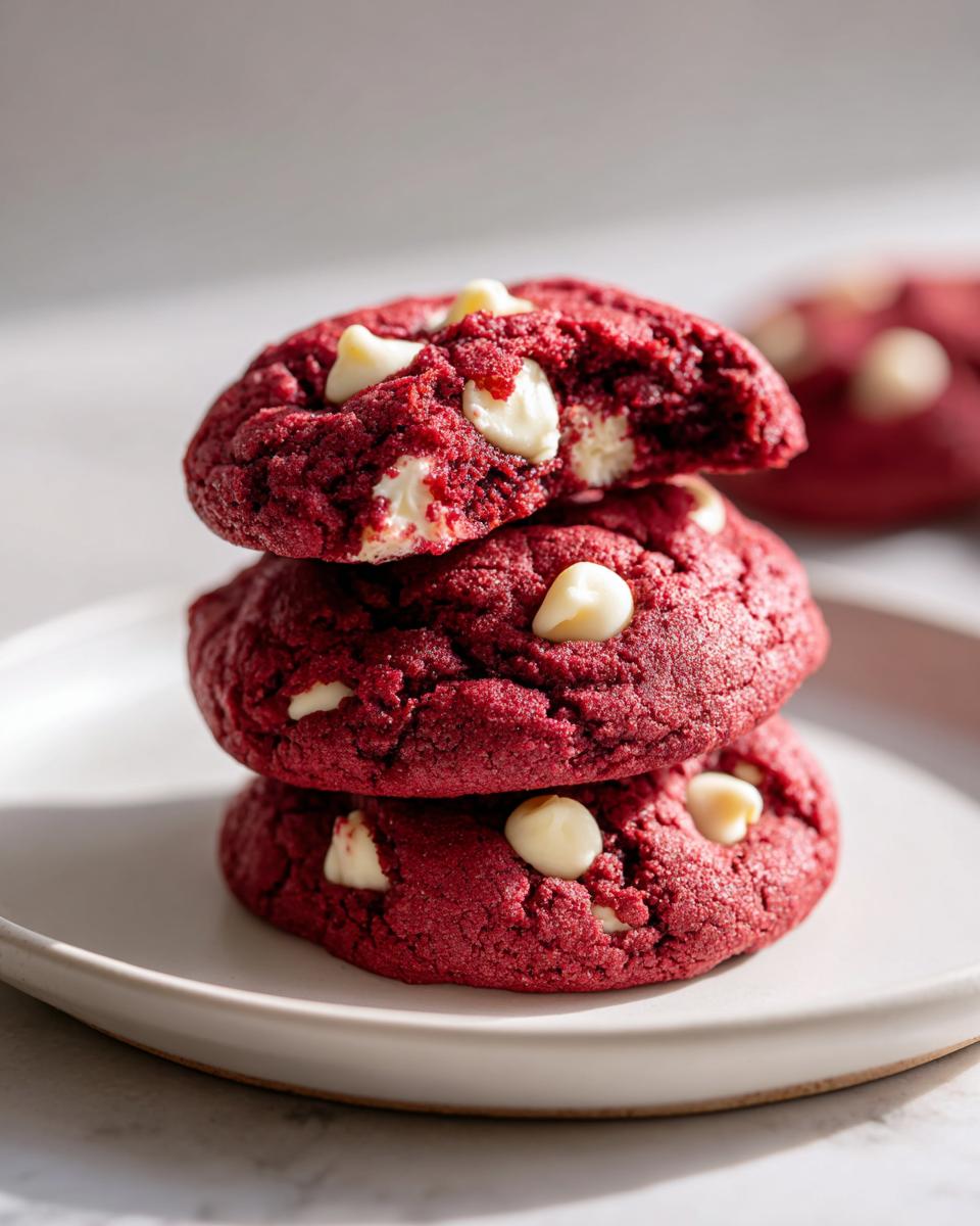 A stack of three vibrant red velvet cake mix cookies studded with white chocolate chips, one cookie is broken open.