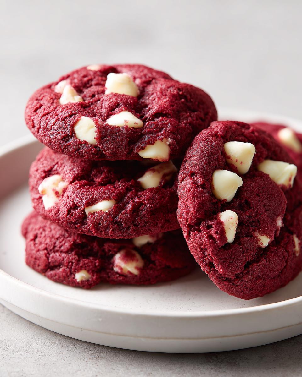 A close-up stack of vibrant red velvet cake mix cookies studded with white chocolate chips on a white plate.