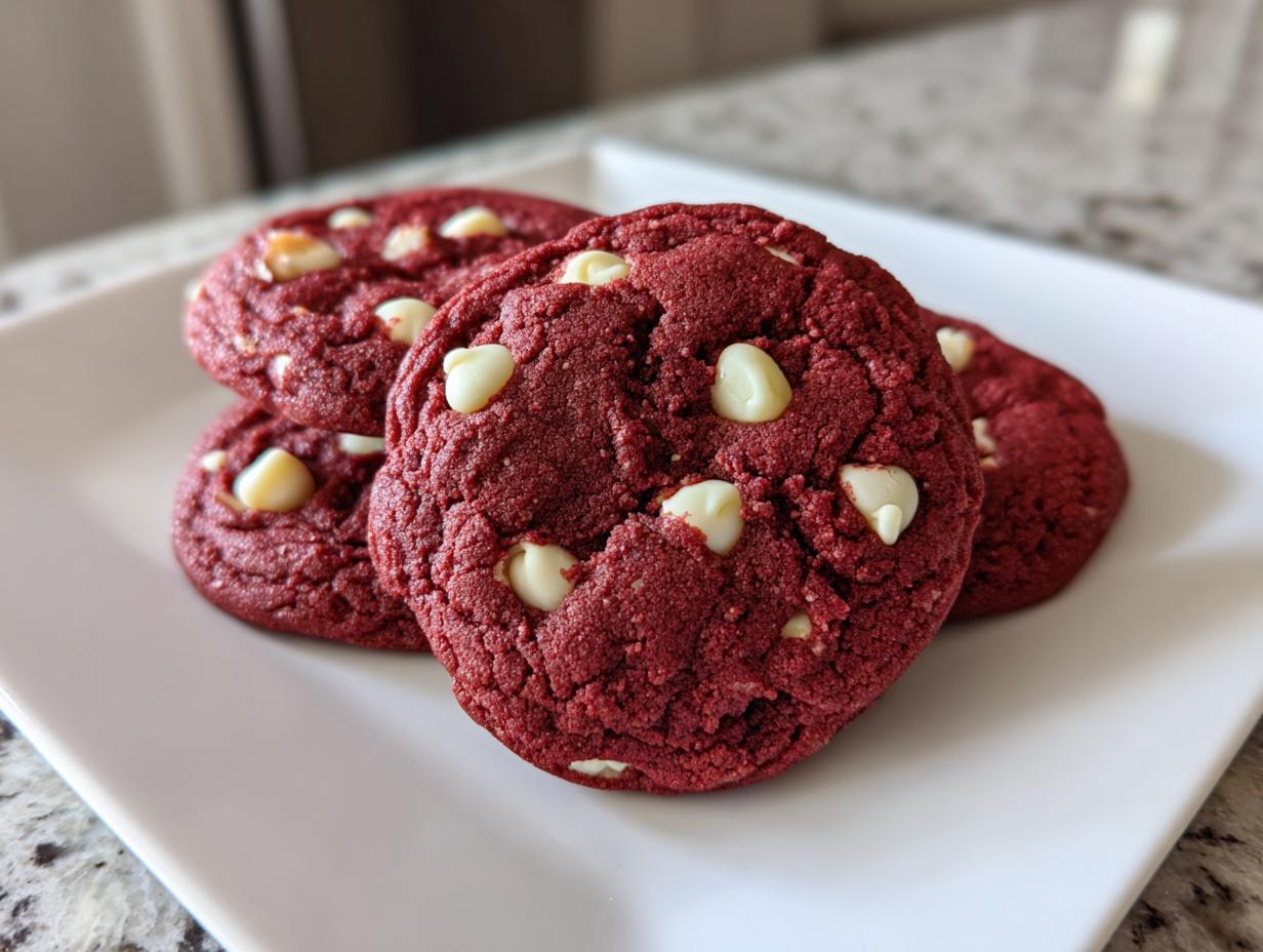 Close-up of four rich red velvet cake mix cookies studded with white chocolate chips on a white plate.