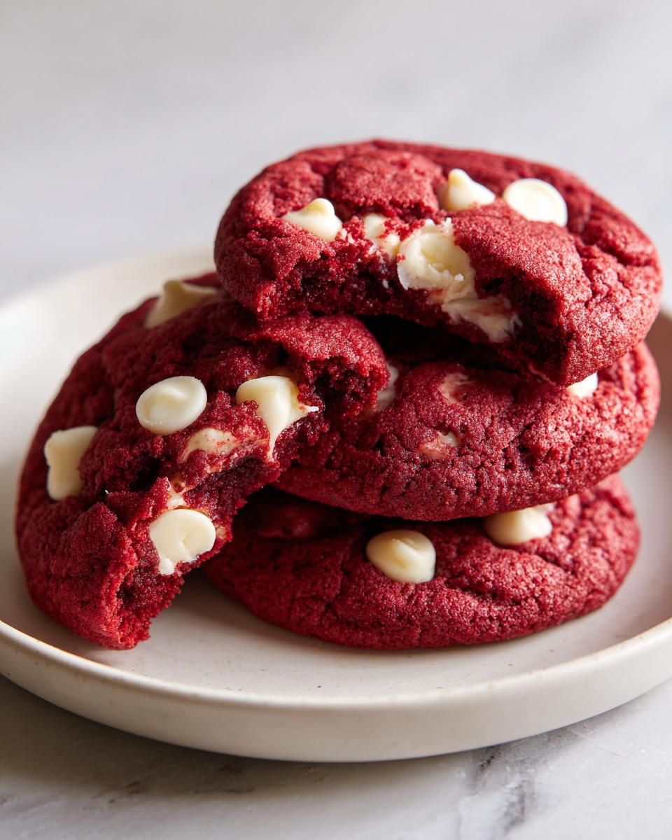 A stack of three soft red velvet cake mix cookies loaded with melted white chocolate chips.