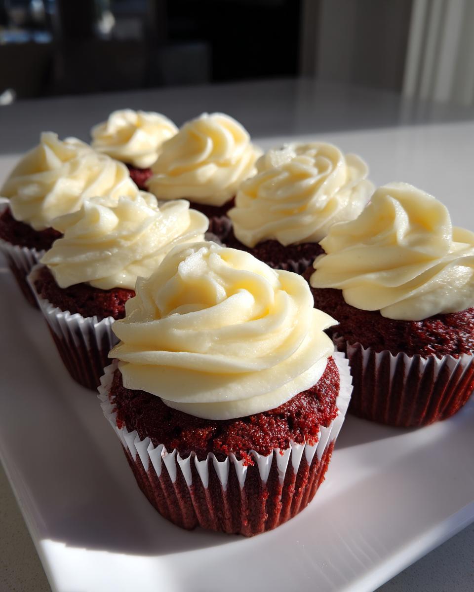 A row of freshly baked red velvet cupcakes topped with thick swirls of cream cheese frosting, sitting on a white platter.