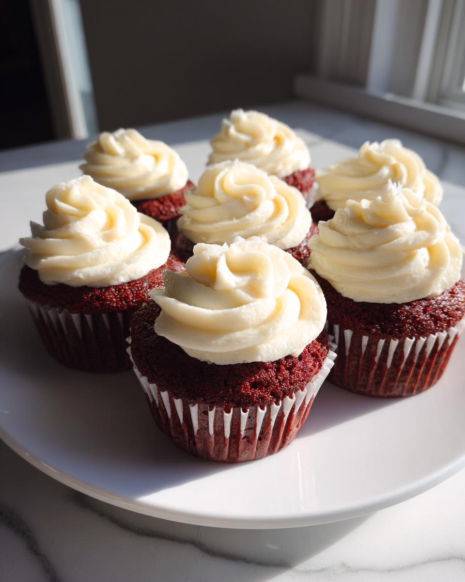 A close-up of several vibrant red velvet cupcakes topped with swirls of cream cheese frosting on a white plate.