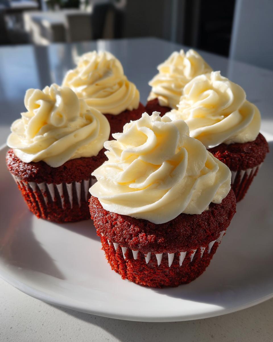 Four vibrant red velvet cupcakes topped with swirls of creamy white frosting, sitting on a white plate.