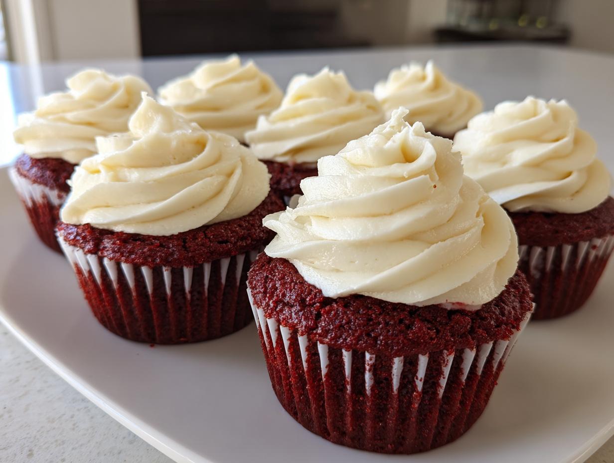 A close-up of several rich, dark red velvet cupcakes topped with swirls of cream cheese frosting.
