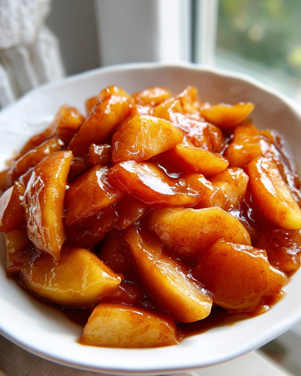 Close-up of glossy, cinnamon-spiced apple pie filling slices served in a white bowl.