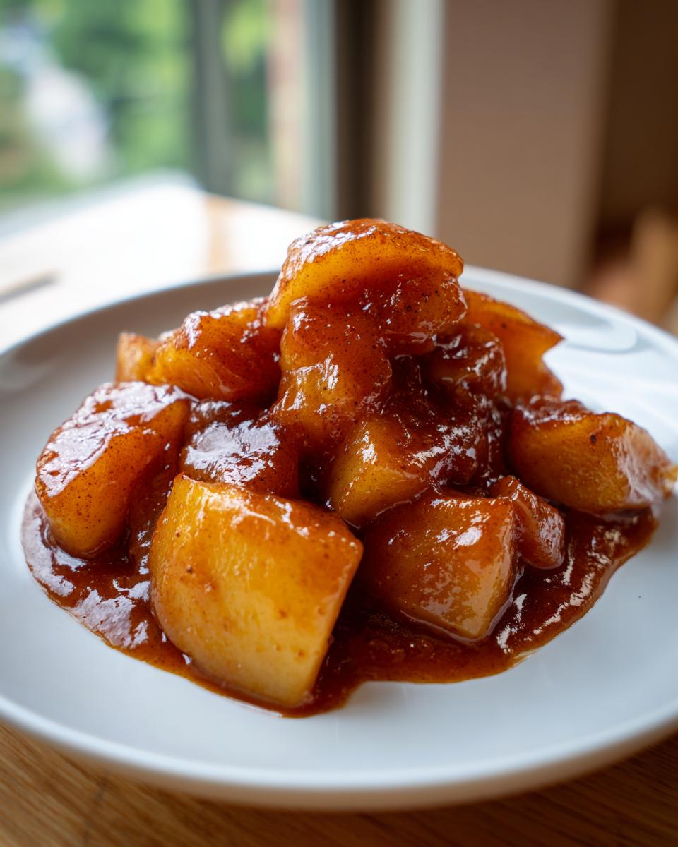 Close-up of thick, glossy apple pie filling chunks coated in a dark cinnamon sauce on a white plate.