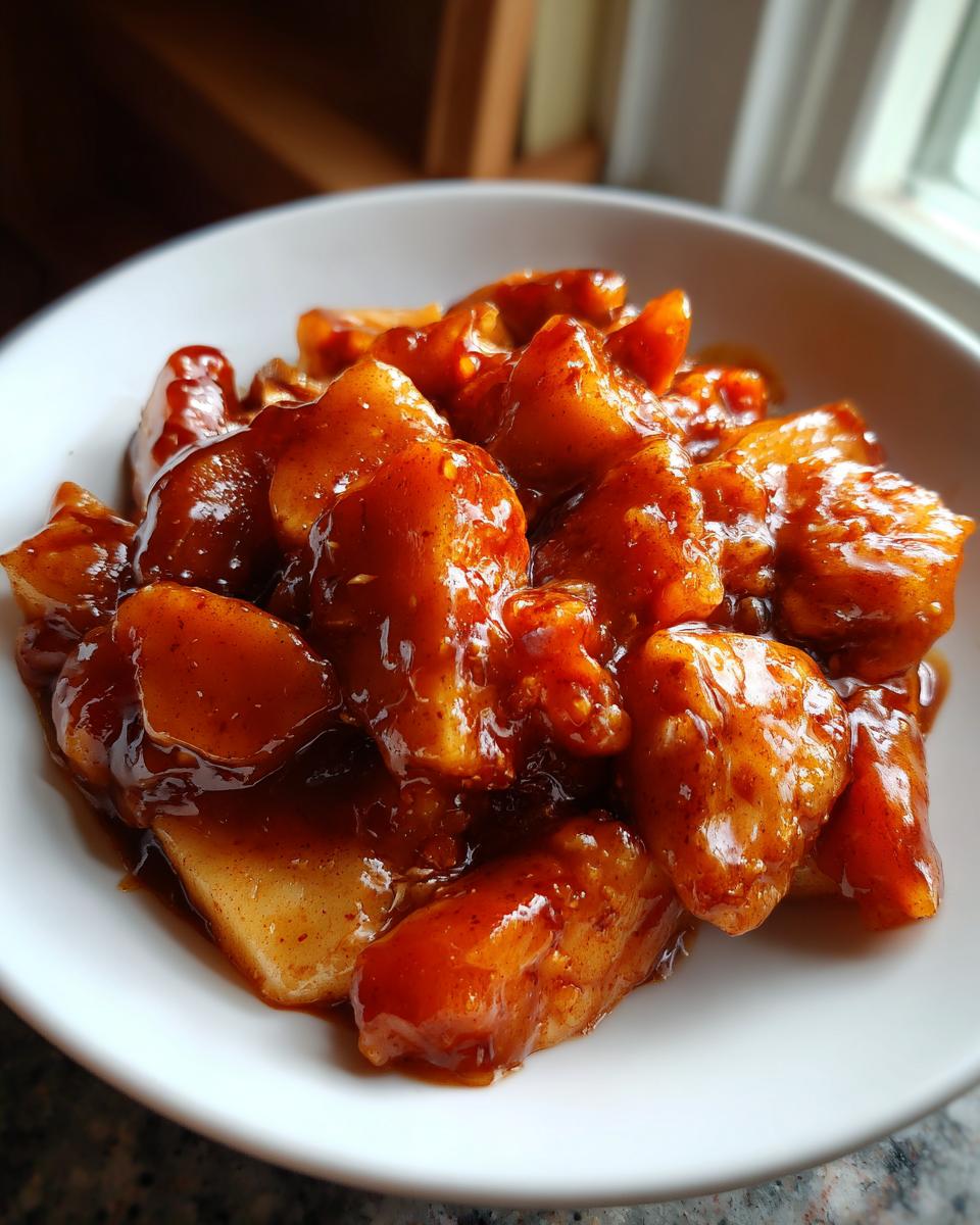 Close-up of chunky, glossy apple pie filling coated in a dark caramel sauce, served in a white bowl.