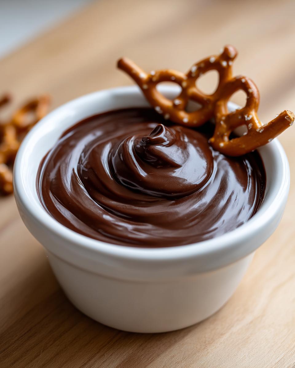 Close-up of a small white bowl filled with glossy, rich chocolate dip, garnished with pretzels.