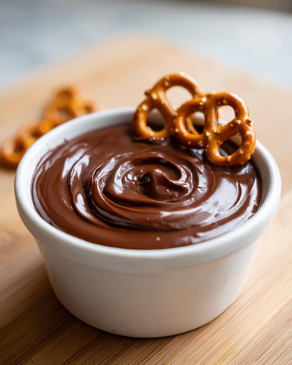 A small white bowl filled with glossy, rich chocolate dip, garnished with pretzels.