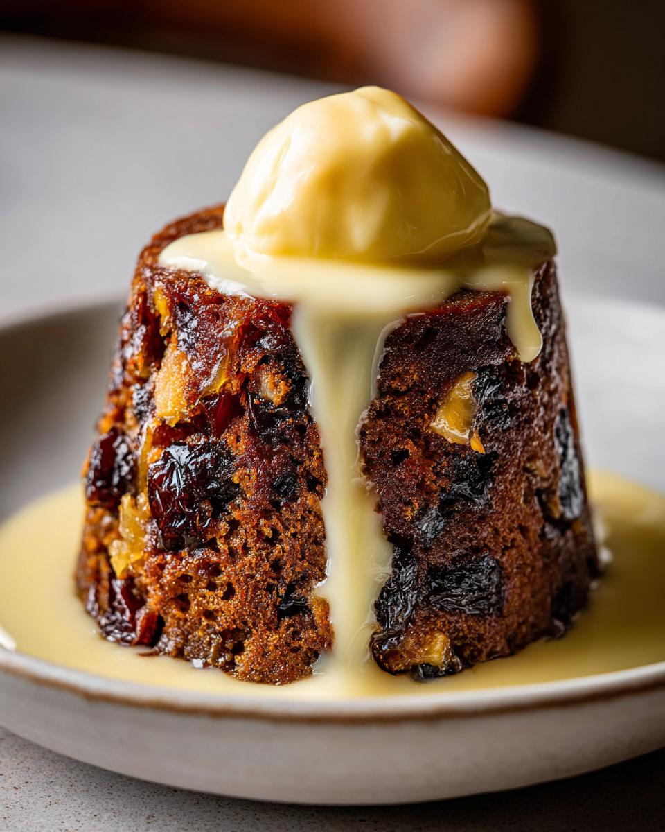 A close-up of a dark, rich plum pudding served with a scoop of melting custard sauce.