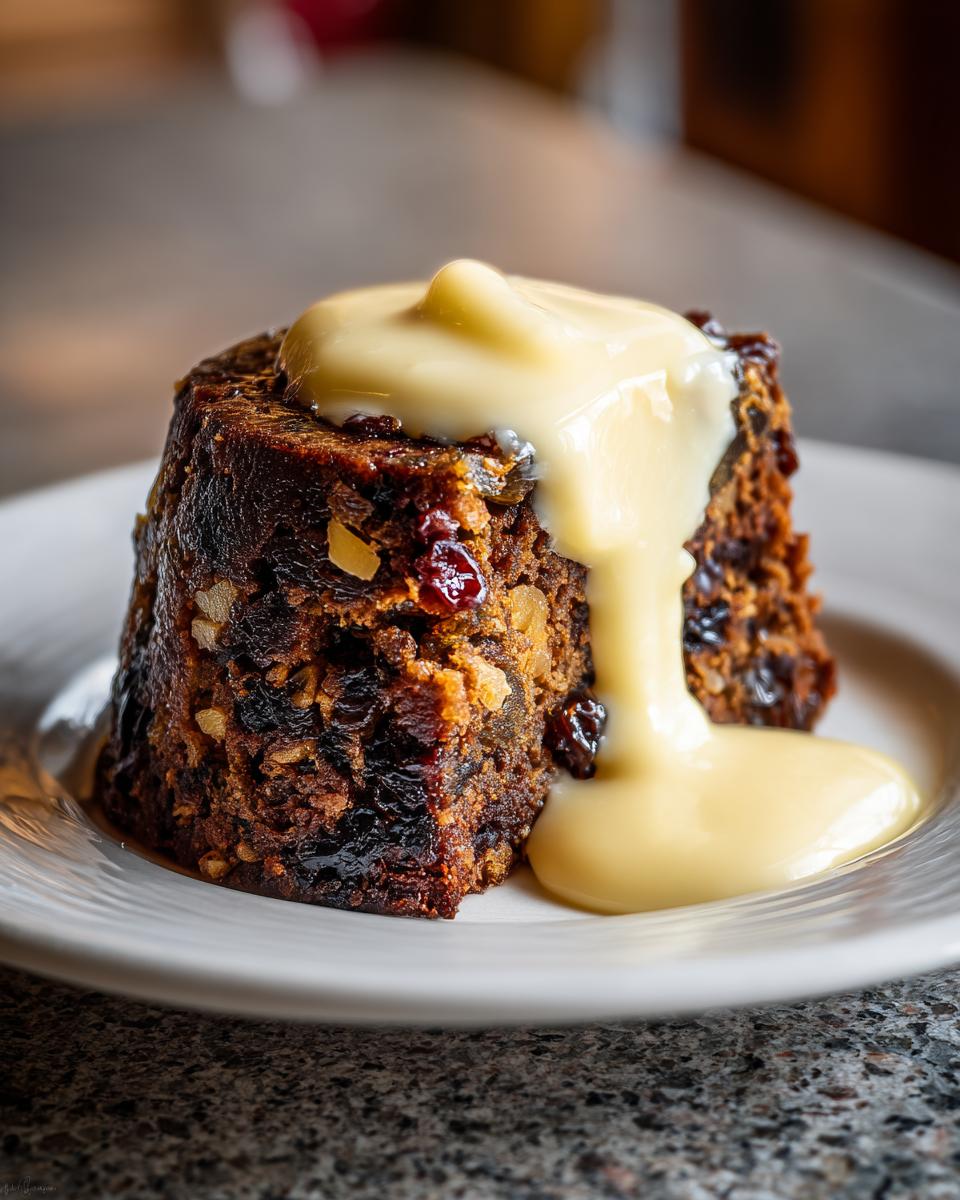 A close-up of a dark, rich slice of plum pudding covered in thick, creamy custard sauce.