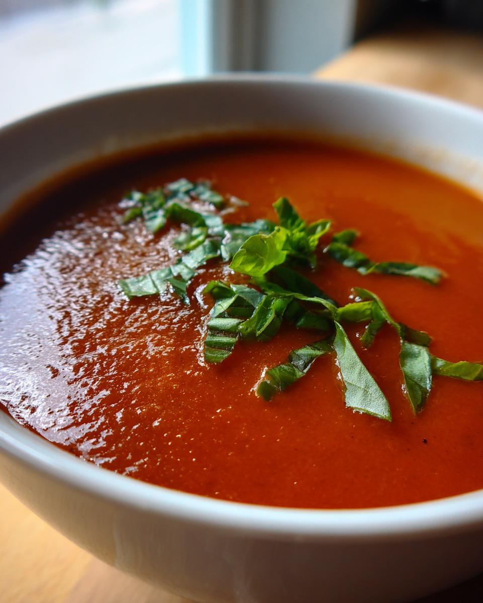 A close-up shot of a bowl of rich, vibrant red tomato bisque, garnished with fresh, thinly sliced basil leaves.