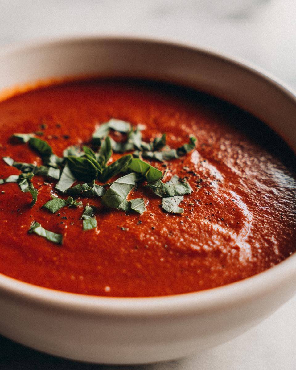 Close-up of a creamy, vibrant red bowl of homemade tomato bisque garnished with fresh basil leaves.