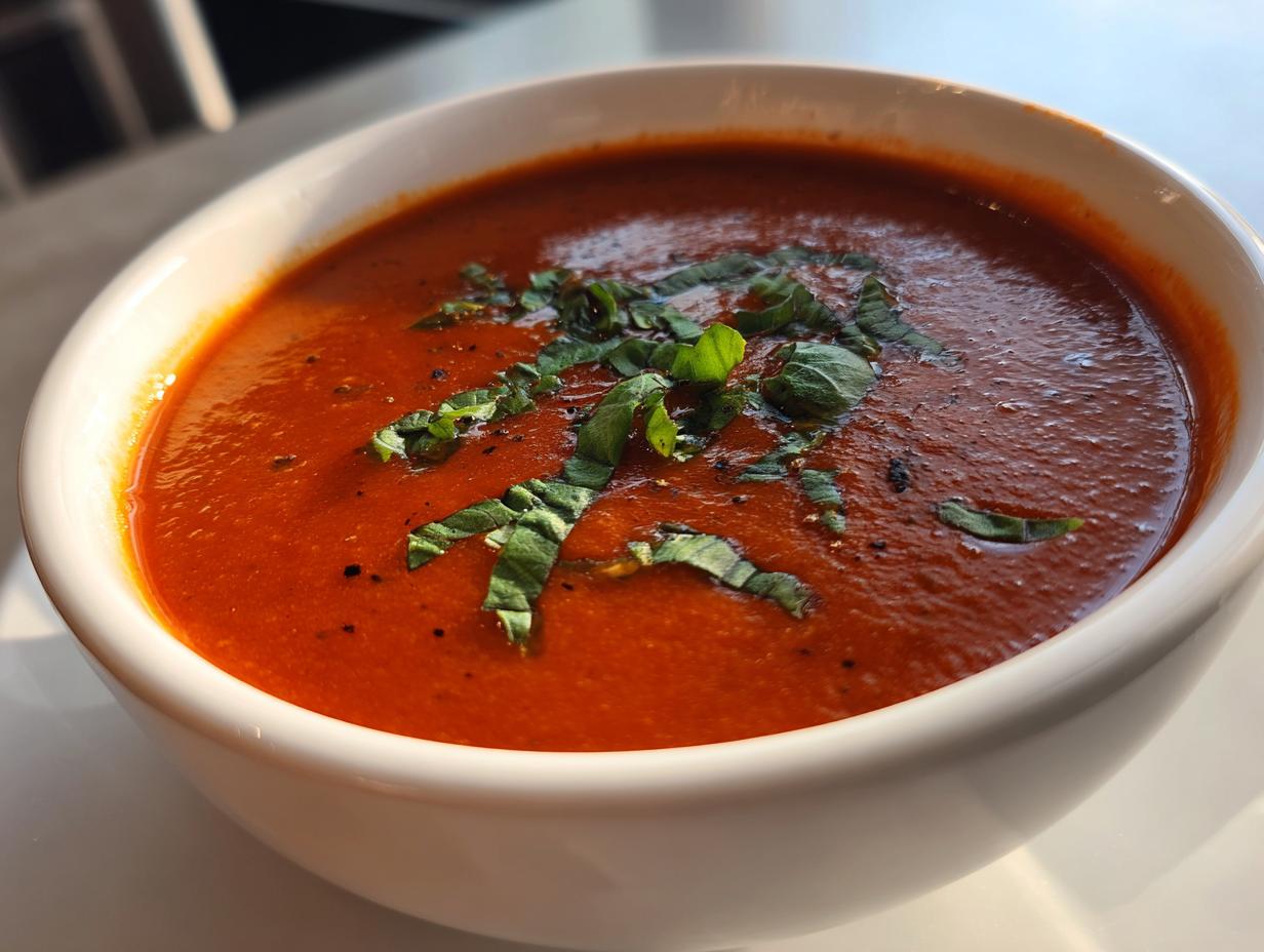 Close-up of a vibrant, creamy tomato bisque in a white bowl, topped with fresh chiffonade basil.