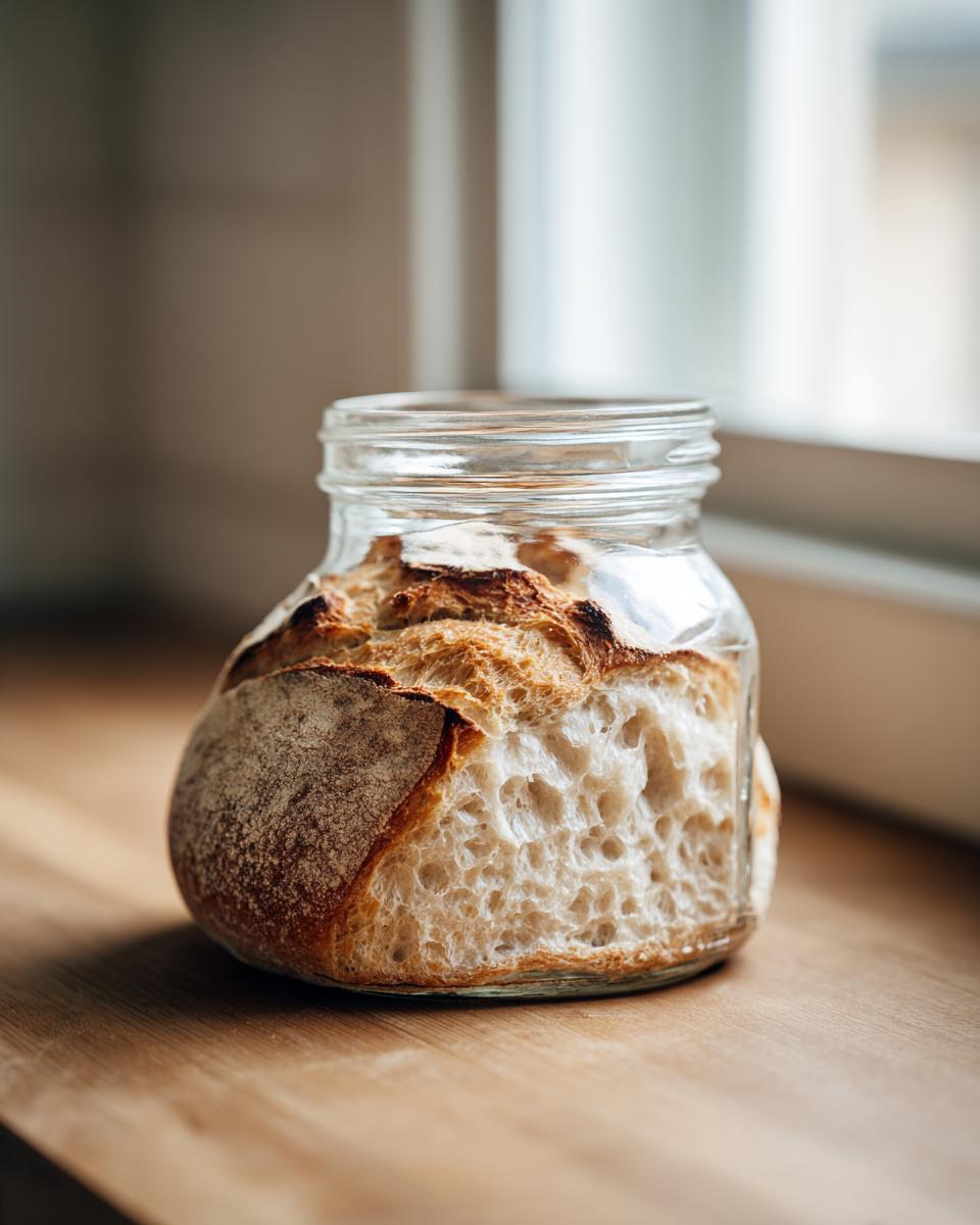 A fully risen, bubbly sourdough starter baked inside a glass jar, showing an open crumb structure.