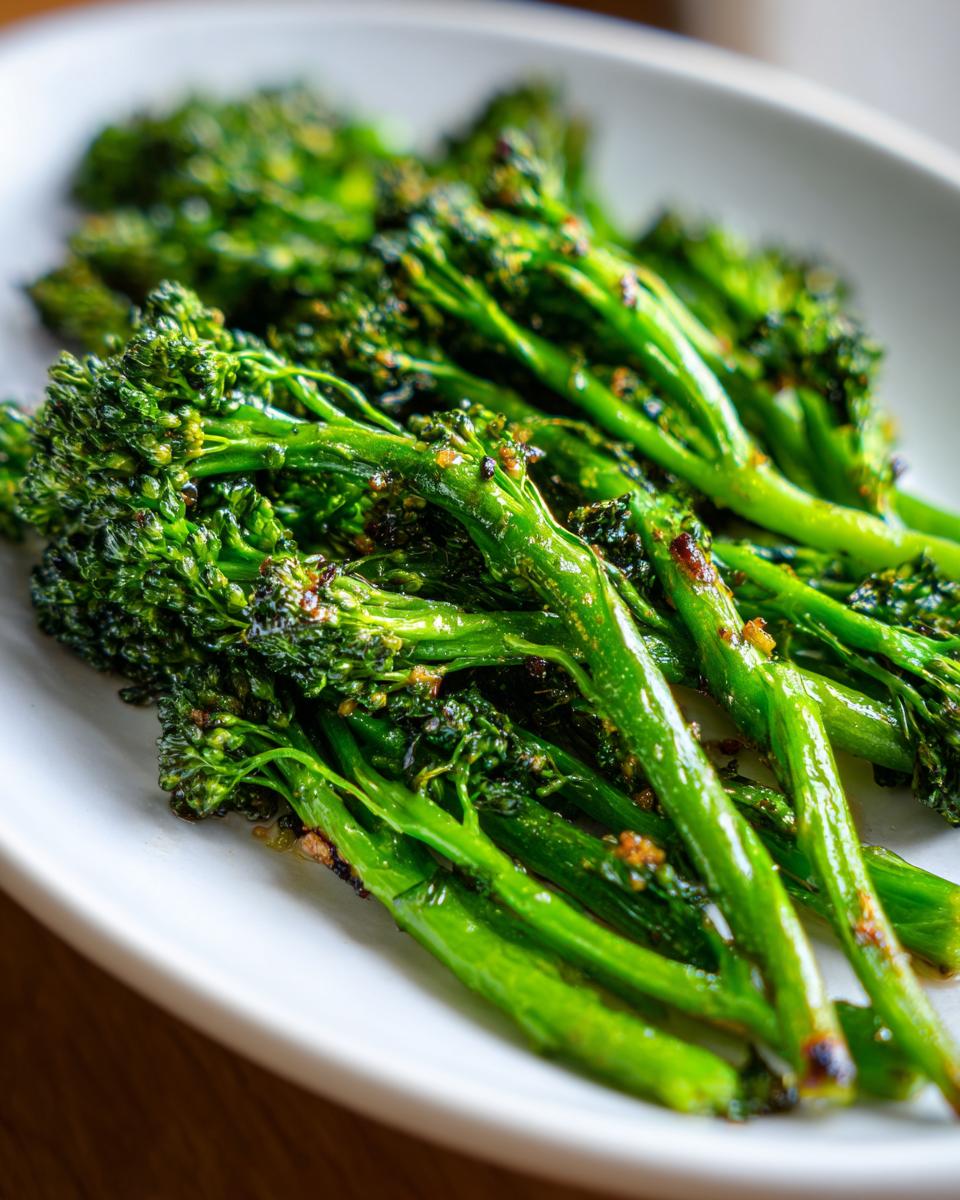 Close-up of bright green, roasted broccolini spears seasoned with garlic bits, served on a white dish.