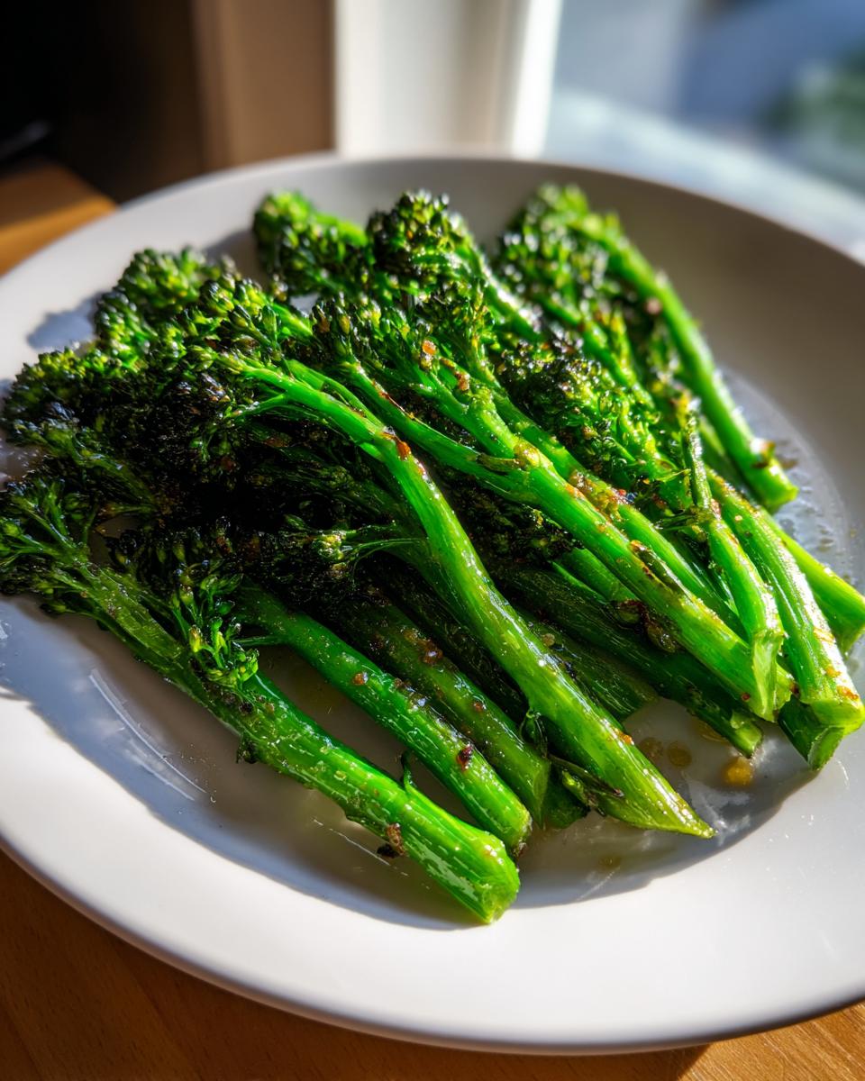 Close-up of bright green, roasted broccolini stalks seasoned and slightly charred, served on a white plate.