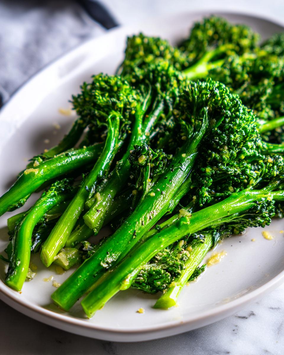 Close-up of vibrant green roasted broccolini stalks seasoned with garlic and oil on a white plate.