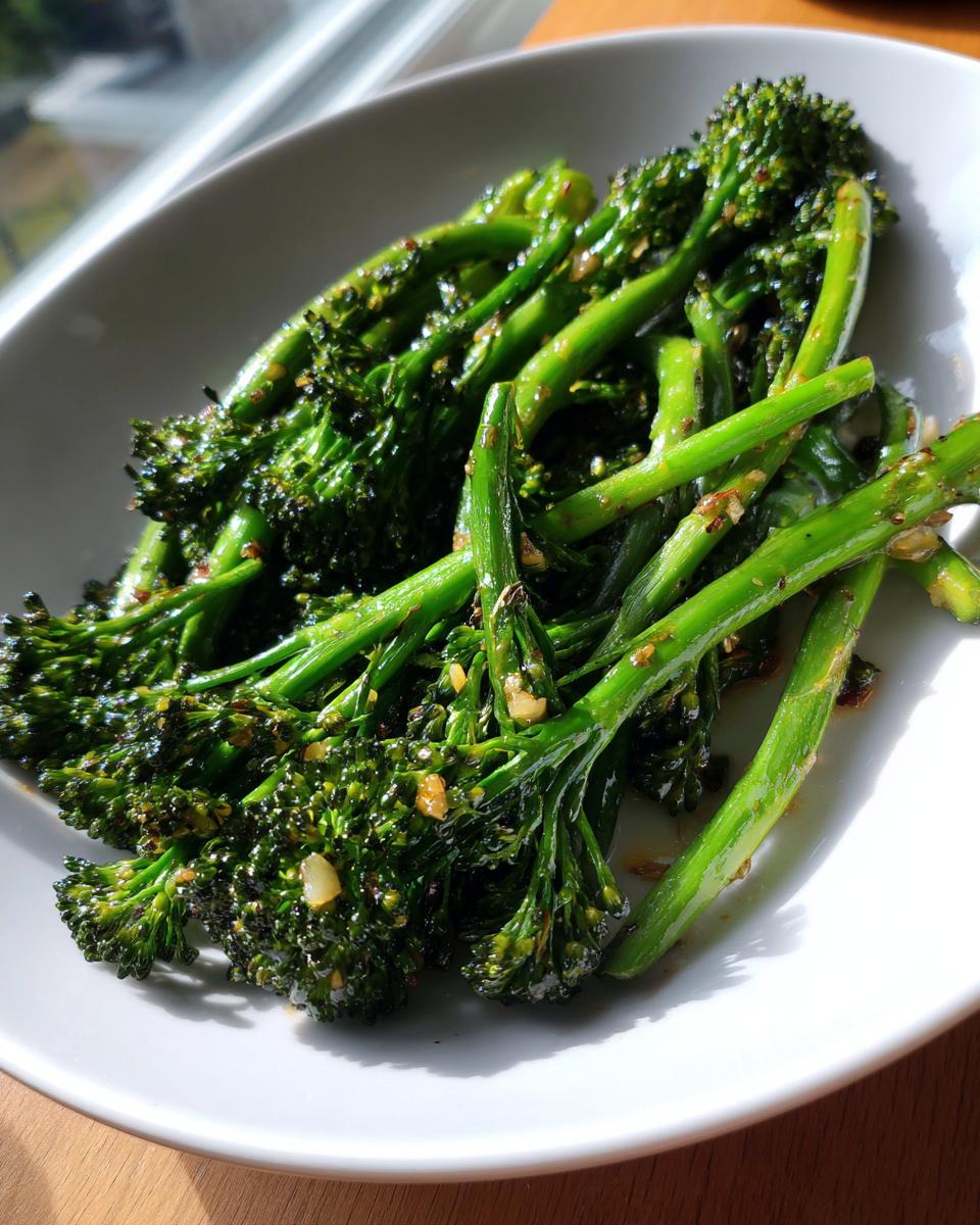 A close-up of bright green, roasted broccolini tossed with garlic pieces, served in a white bowl.