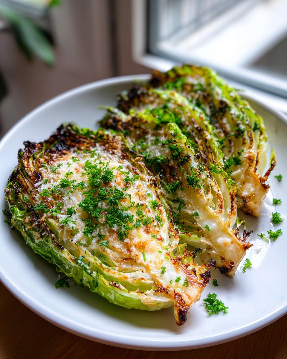 Four roasted cabbage wedges topped with melted cheese and fresh parsley, a perfect cabbage recipe.