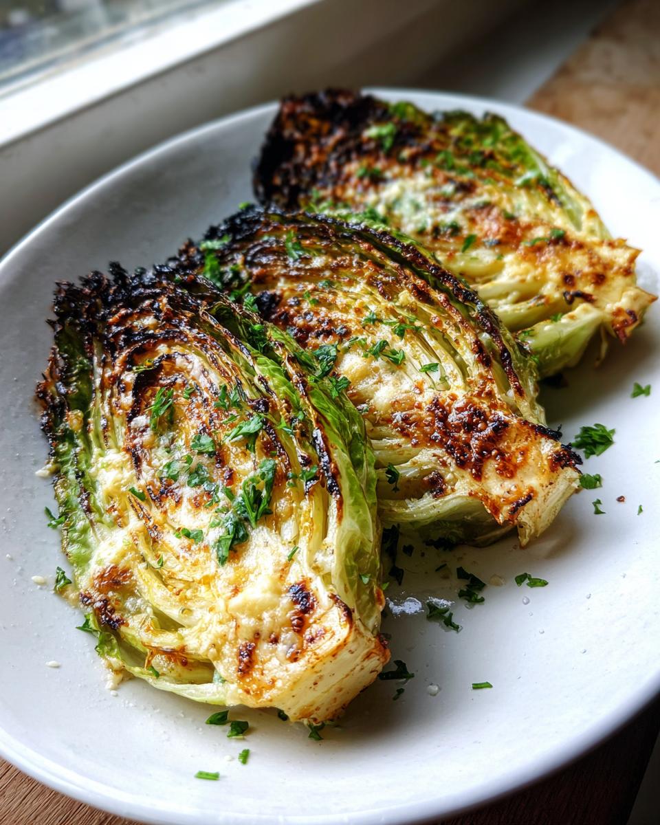 Three wedges of roasted cabbage recipe, charred on the edges and topped with melted cheese and fresh parsley.