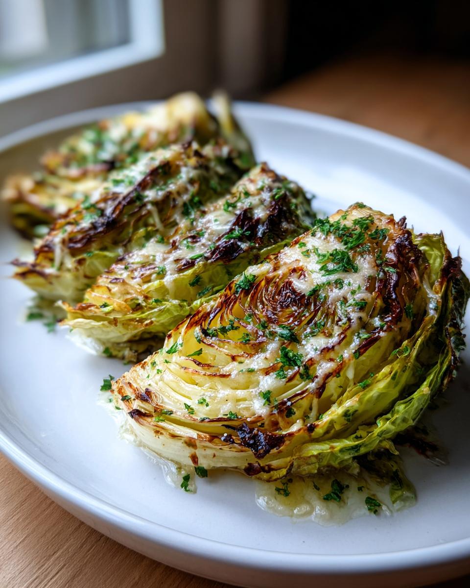 Four roasted cabbage wedges topped with melted cheese and fresh parsley, a delicious cabbage recipe.