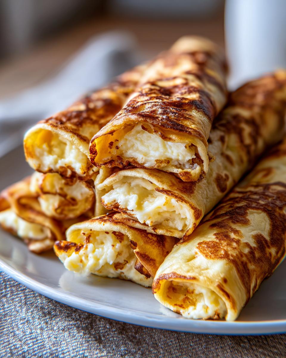 Close-up of rolled crepes filled with a white, creamy mixture, stacked on a plate. This image does not show potato tacos.