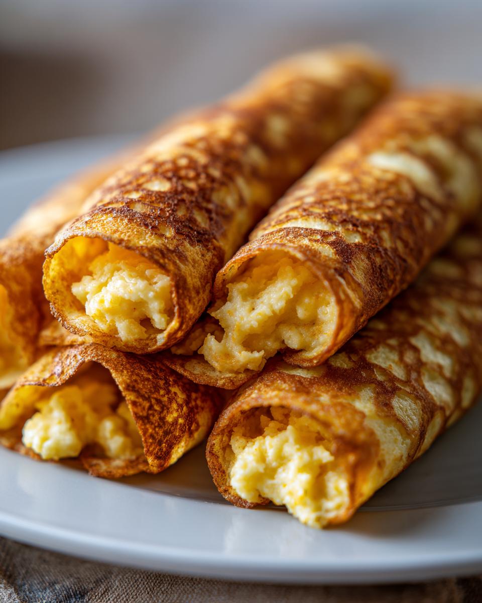 Close-up of rolled crepes filled with a creamy, mashed potato mixture, related to potato tacos.