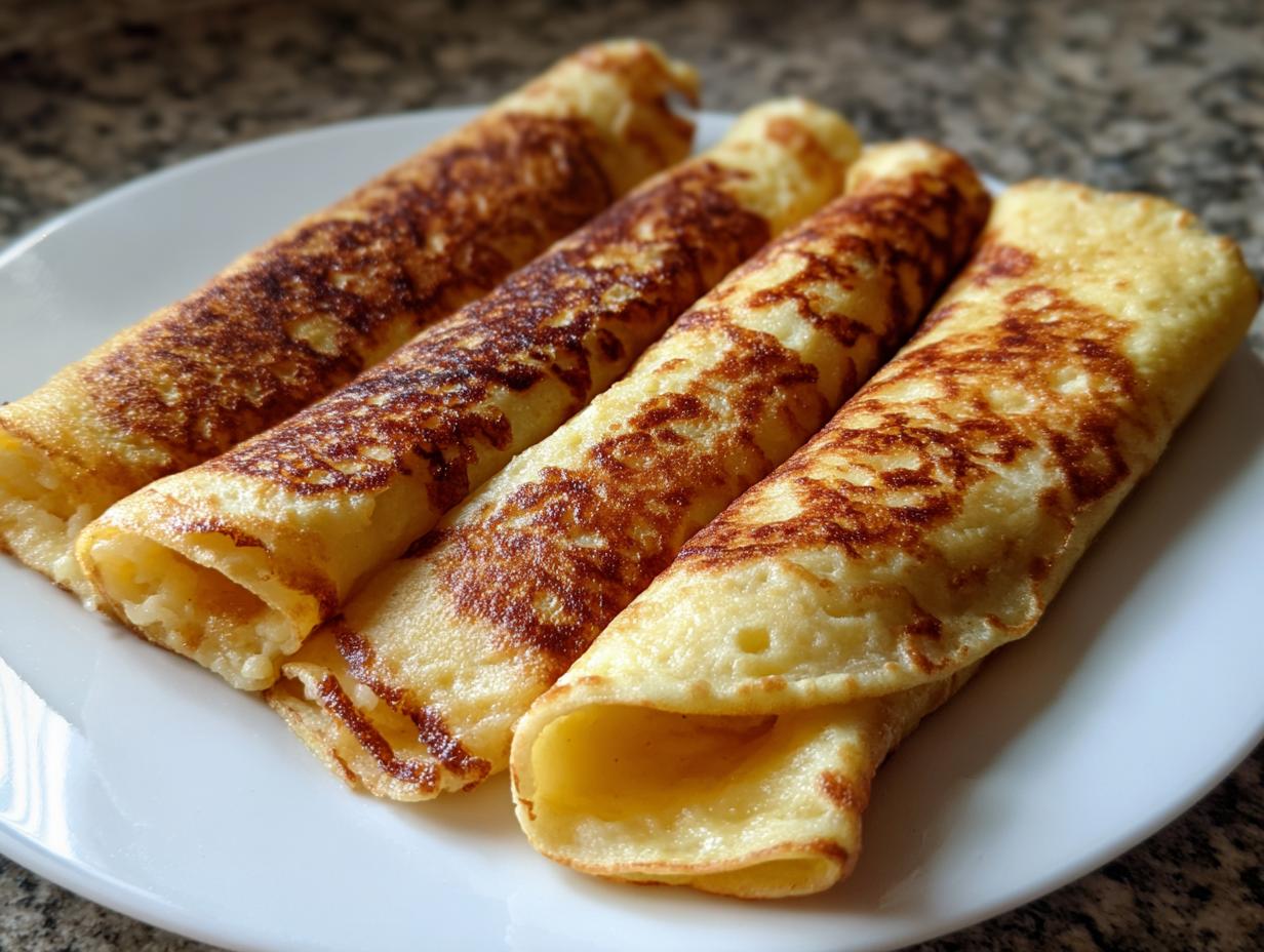 Close-up of four golden-brown rolled potato tacos served on a white plate.