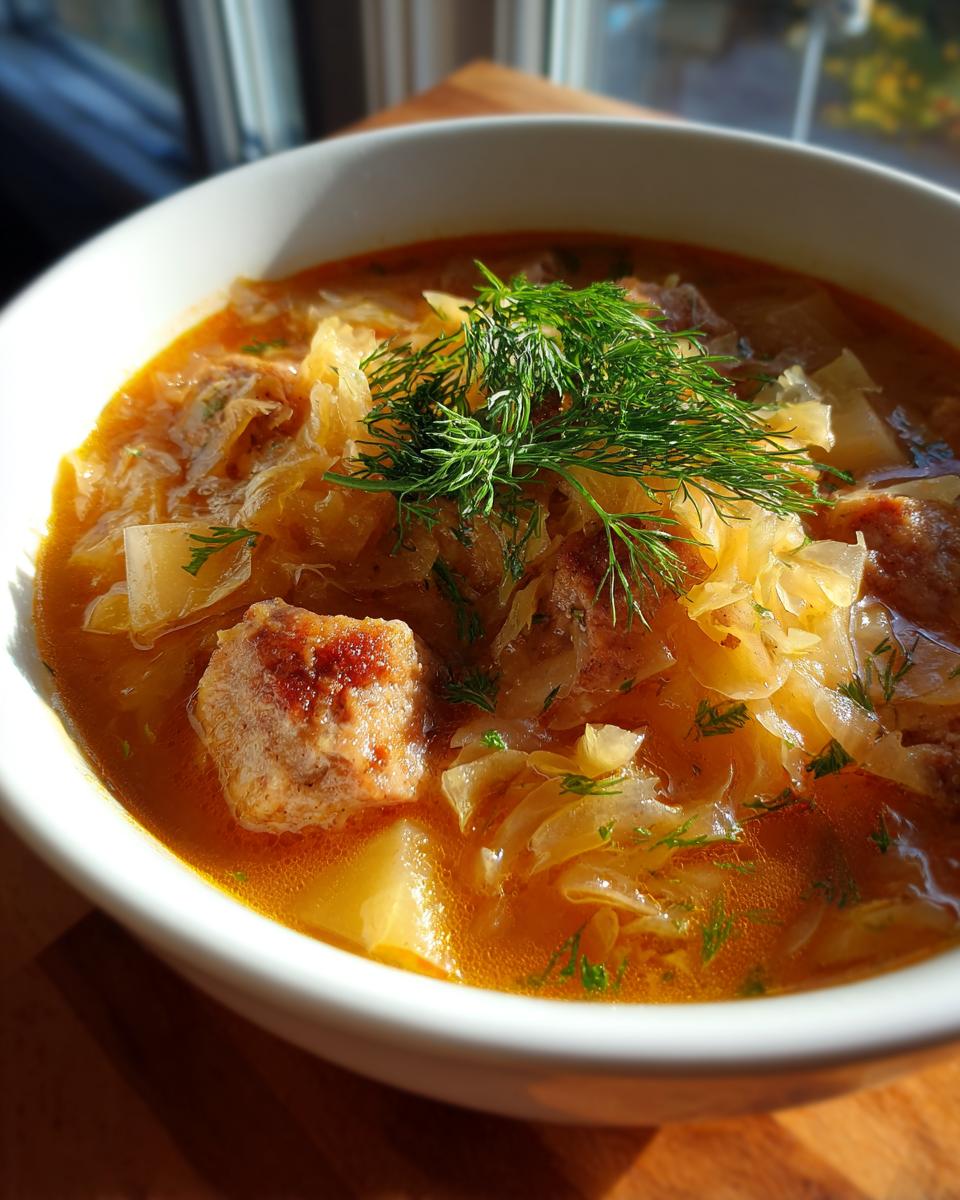 Close-up of a white bowl filled with rich, orange broth sauerkraut soup, featuring meatballs and topped with fresh dill.