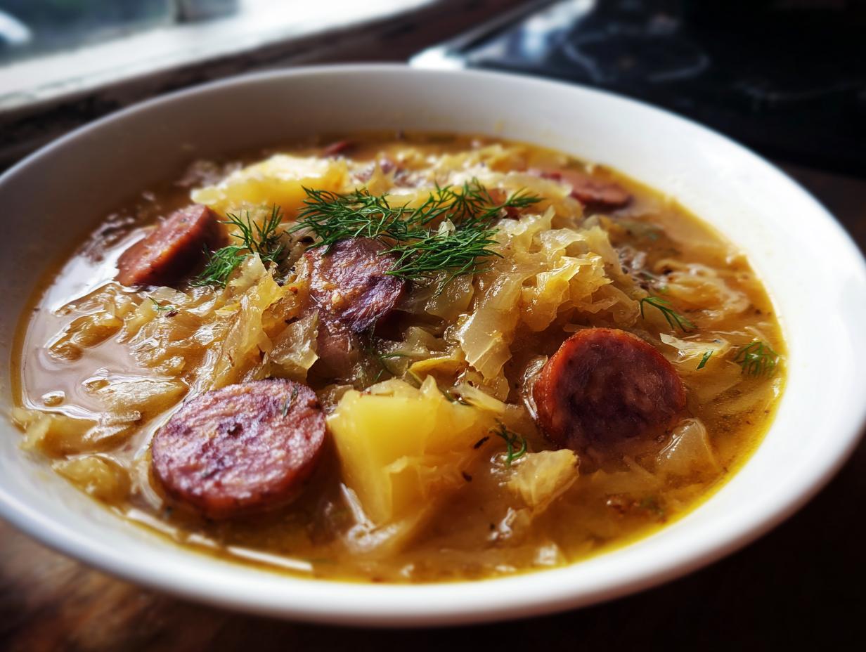 Close-up of a white bowl filled with rich sauerkraut soup, featuring sliced sausage and potatoes, garnished with fresh dill.