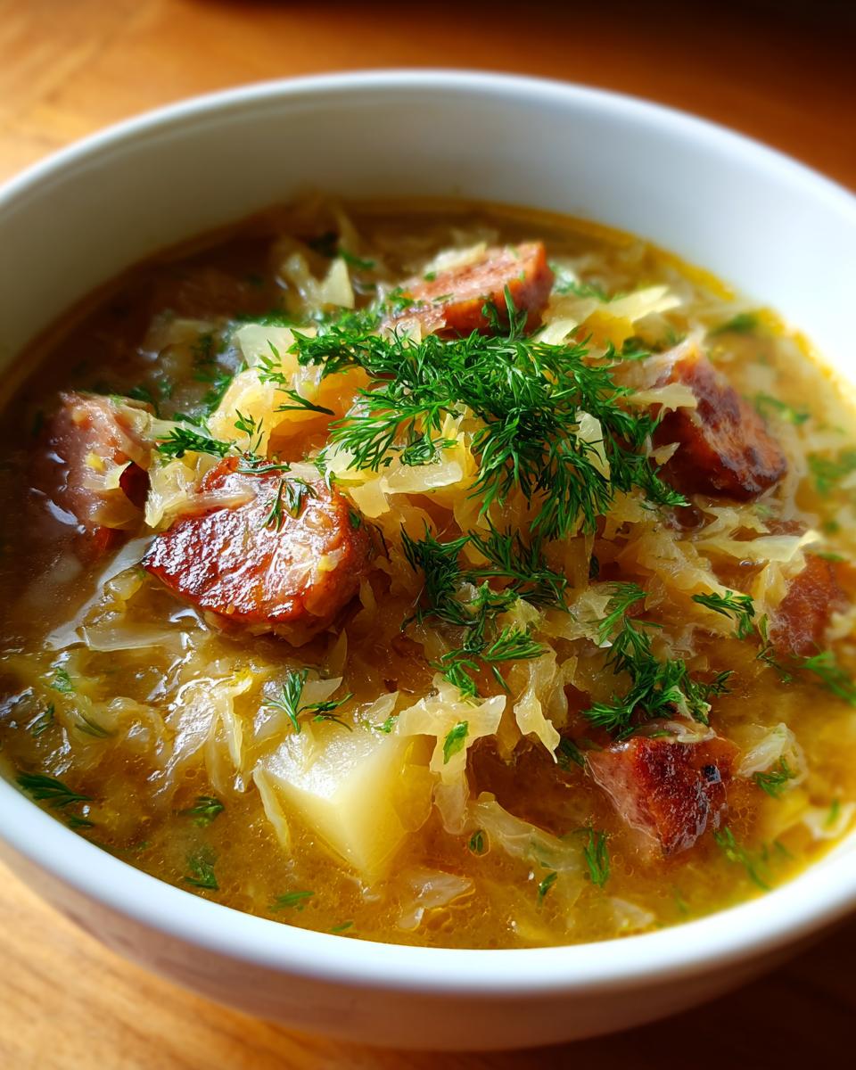 Close-up of a bowl of rich sauerkraut soup featuring chunks of smoked sausage, potatoes, and fresh dill garnish.