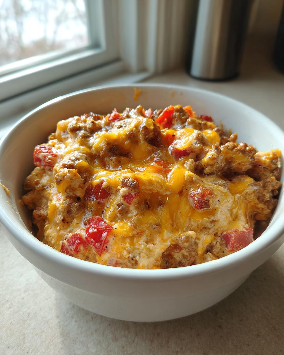 Close-up of hot sausage cream cheese dip topped with melted cheddar cheese and diced red peppers in a white bowl.