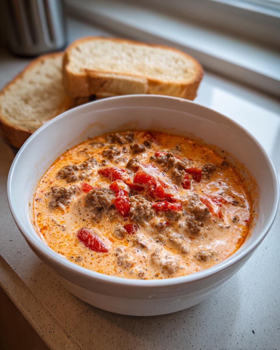 A close-up of creamy sausage cream cheese dip with chunks of red pepper served in a white bowl with toast slices nearby.