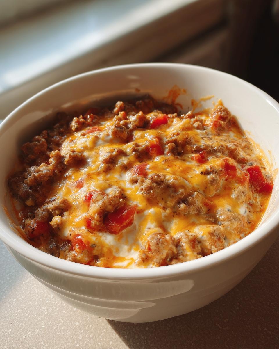 Close-up of a hot, cheesy sausage cream cheese dip topped with melted cheddar in a white serving bowl.