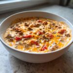 A close-up of hot sausage cream cheese dip topped with melted cheddar cheese and diced tomatoes in a white serving bowl.