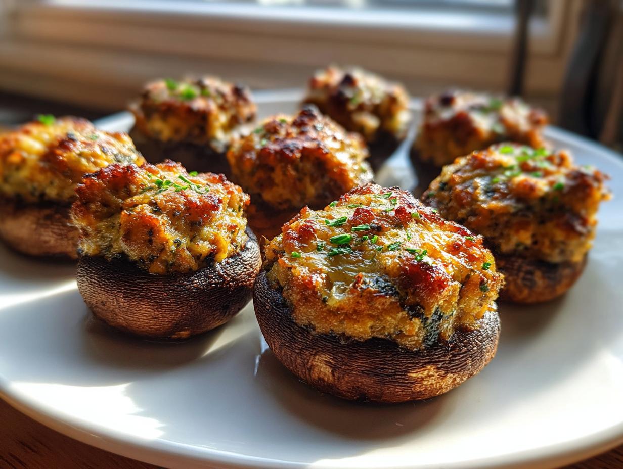 Close-up of several golden brown sausage stuffed mushrooms arranged on a white plate, garnished with chives.