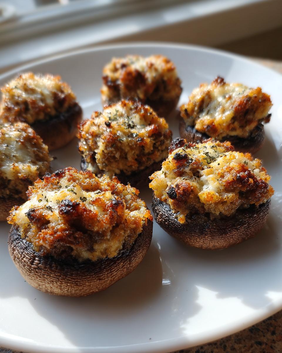 Close-up of six golden-brown sausage stuffed mushrooms with cheesy, browned tops, served on a white plate.